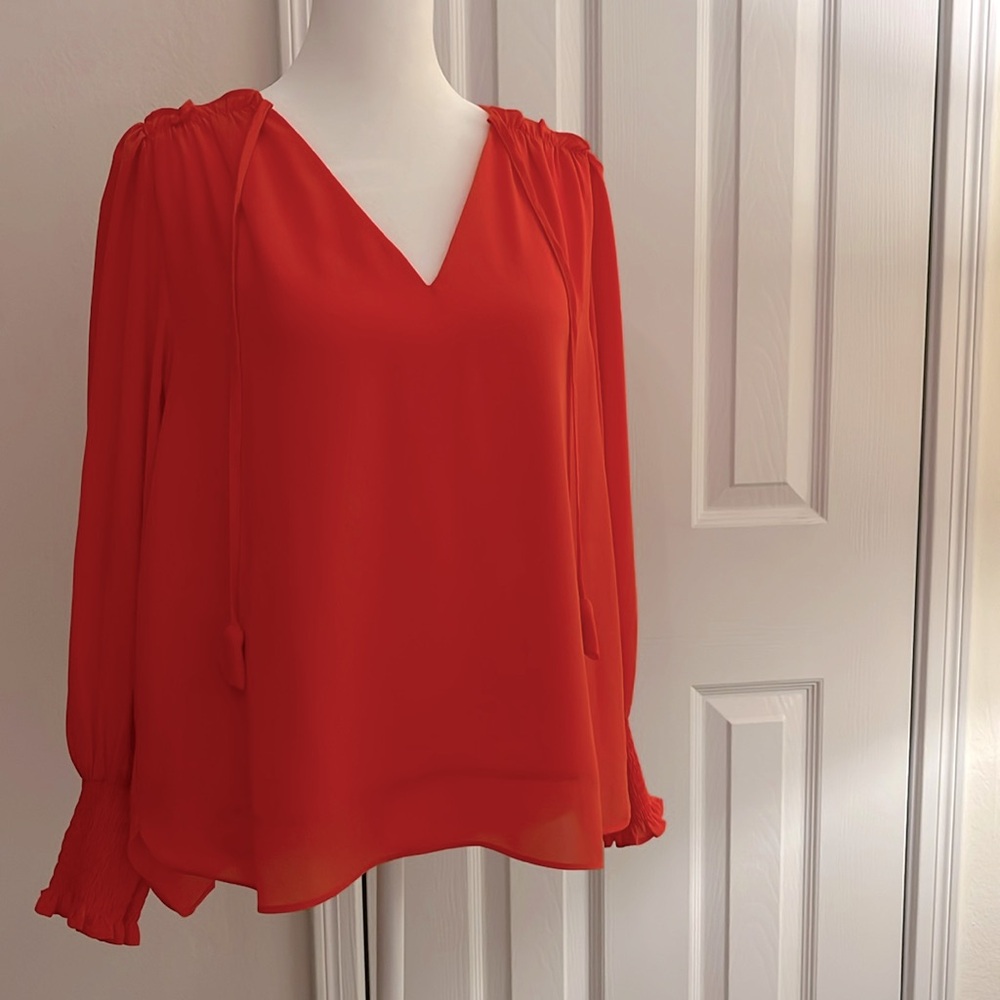NWT coral tangerine v neck blouse with ruffle shoulder detail, size small